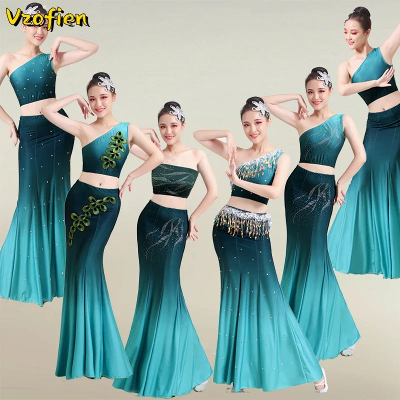 

Peacock Dance Costume for Women Children Dai Dance Hmong Performance Clothing Fish Tail Leotard Traditional Folk Chinese Dance