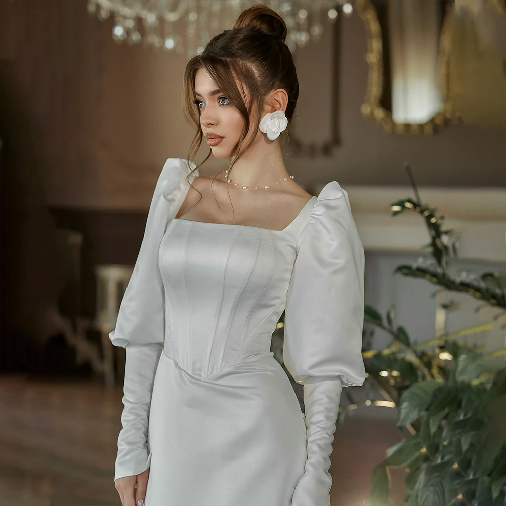 

Elegant Wedding Dresses Square Collar Puff Sleeve Muslim Bride Dress with Pleat Mermaid Bridal Gown Customized robe de mariée