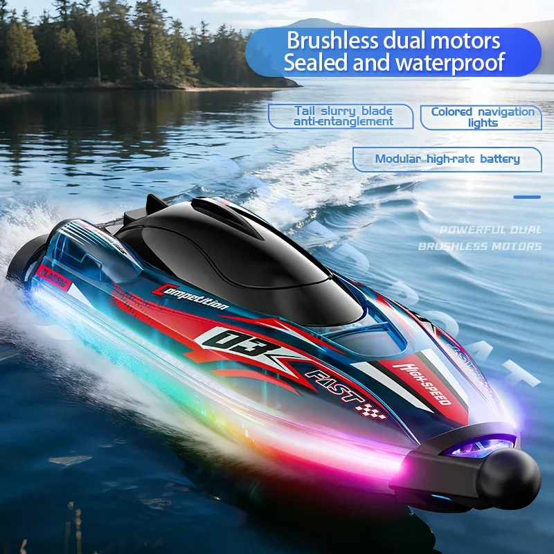 

High-Speed RC Boat,Dual Brushless Motors,Anti-Tangle Propeller,Multi-Color LED Lights,Waterproof Sealed Design for Racing,Stunts