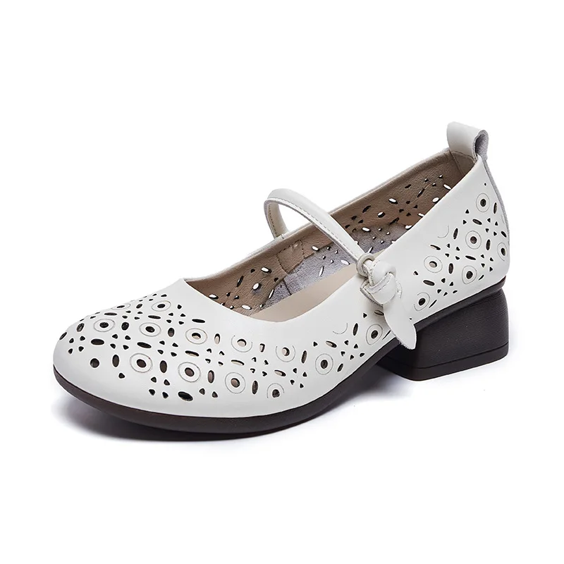 Genuine Leather Hollow Women High Heel Shoes Summer Vintage Women Pumps Comfortable Ladies Round Toe Casual Mid Heel Shoe Female