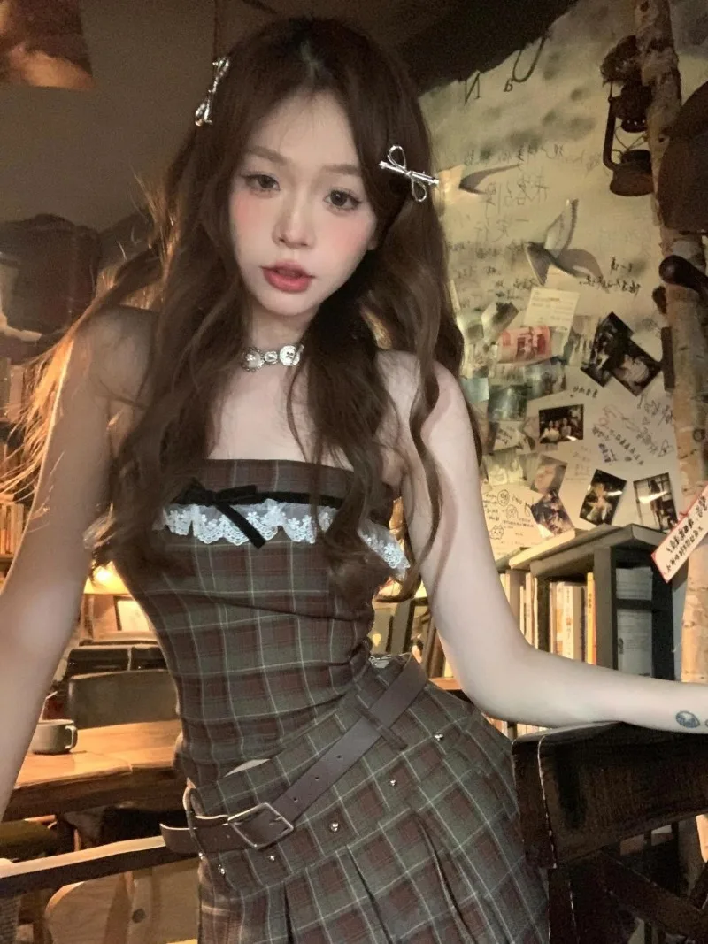 Retro Plaid Bra Top Pleated Skirt Two-piece Set Women Lace Splice Collarbone Sleeveless Bow Summer Spicy Girl Sweet Korean Suit