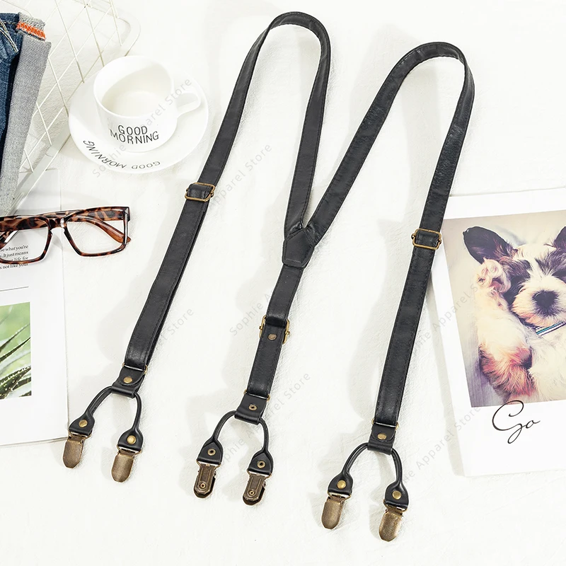 الحمالات الرجال حزام للسراويل 6 مقاطع أسود براون للجنسين جلد النساء Bretels بنطلون الكبار Bretelles أوم