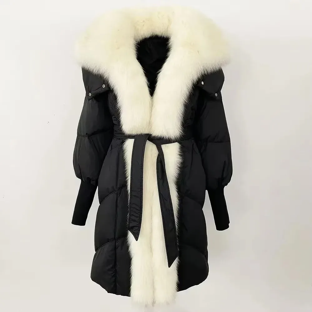 여성용 진짜 천연 여우 모피 코트, 긴 여성 두꺼운 따뜻한 후드, 화이트 덕 다운 코트, 오버웨어, 겨울 가을