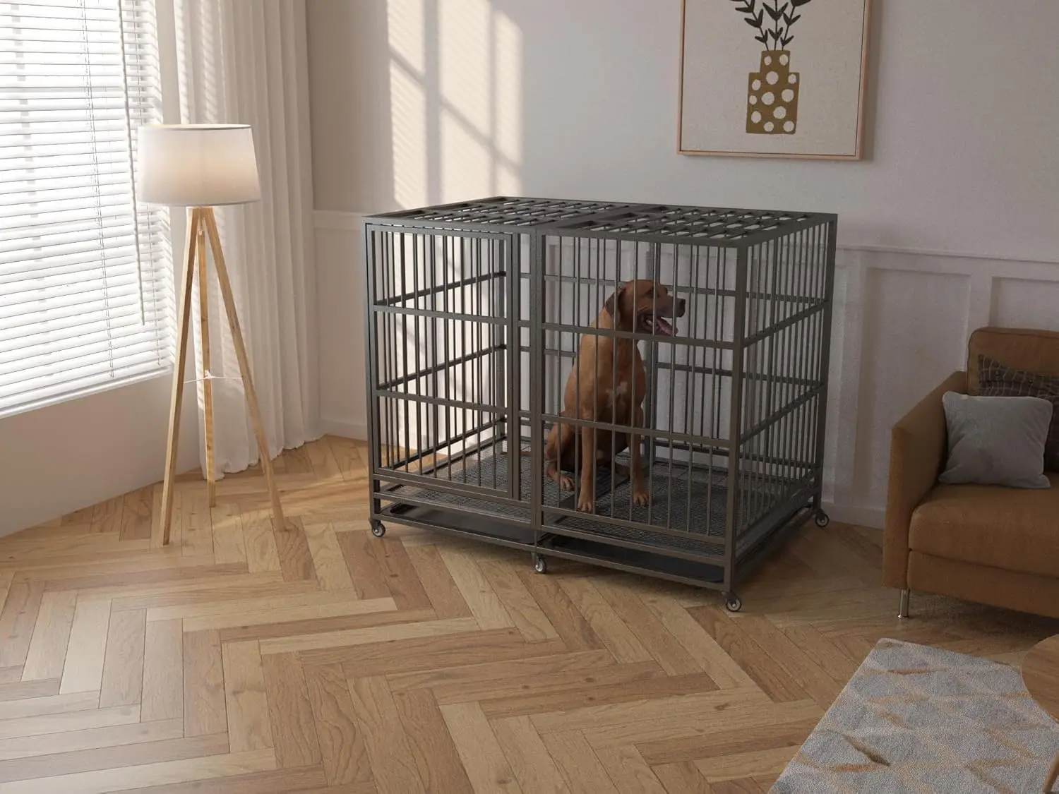 54/48/42/38 Inch Heavy Duty Dog Crate Cage with Wheels, Indestructible and Escape Proof Steel Kennel Indoor for High Anxiety Dog