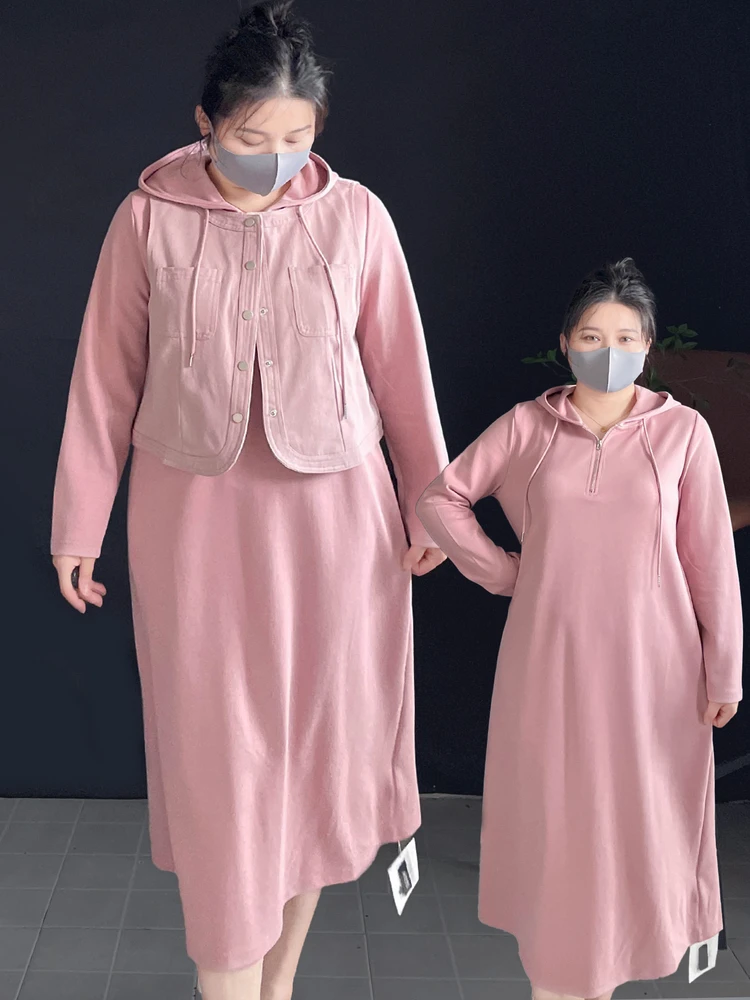 

Комплект: женская толстовка больших размеров и повседневный костюм с худи средней длины в корейском стиле, прямой крой, длинный рукав, на молнии