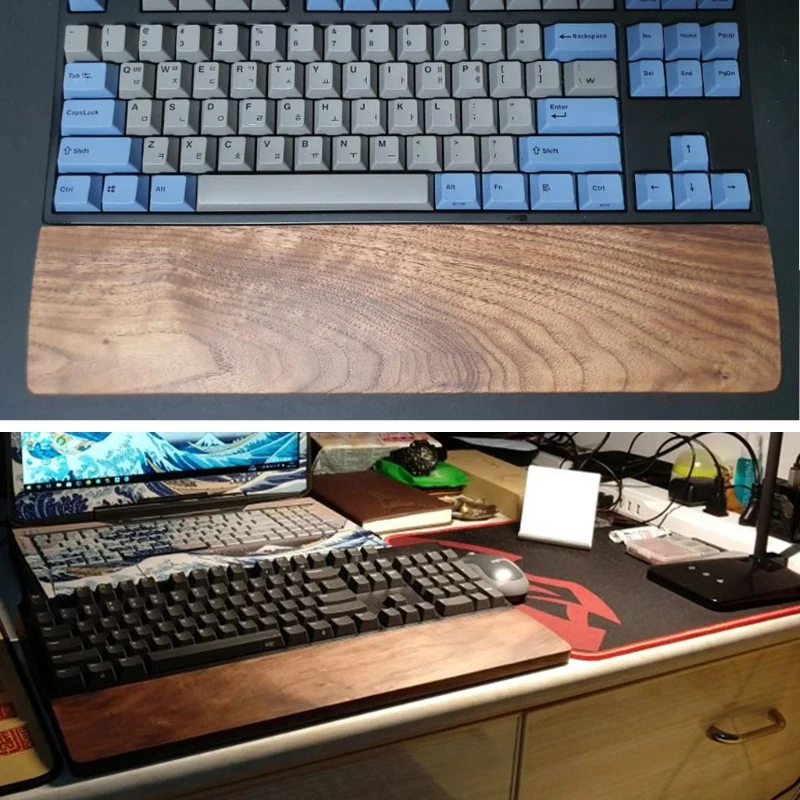 Reposamuñecas Con Teclado mecánico de madera de nogal, alfombrilla antideslizante, ergonómica, para escritorio de juegos, soporte para 61, 87, 104