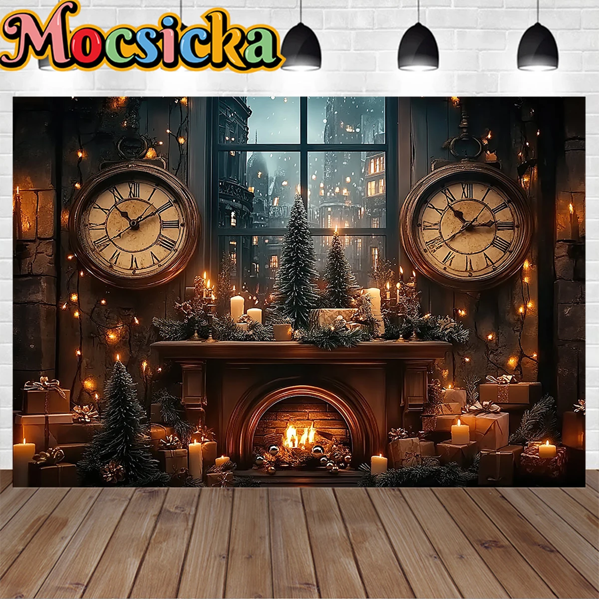 Christmas Eve Background Photography Santa Claus Workshop Fireplace Clock Candles Xmas Tree Backdrop Decor Winter Kids Photo