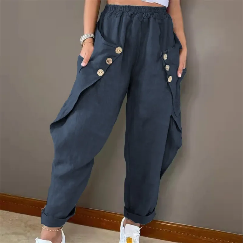European and American women\'s clothing 2024 summer new pants fashion pocket button waist casual pants YBF54-3