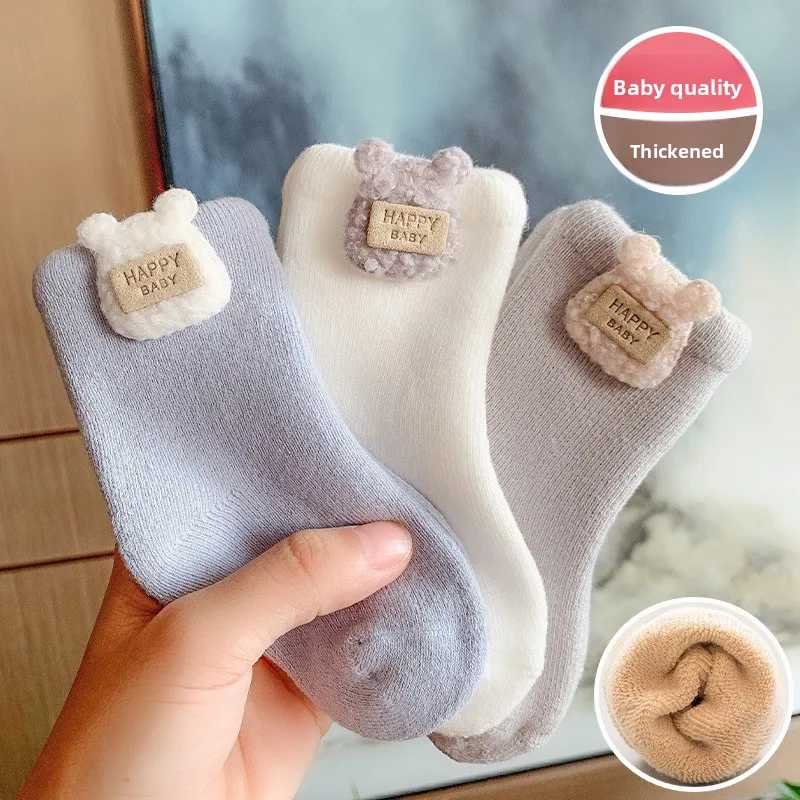 3 Pairs Cartoon Baby Winter Socks Thick Terry Thermal Mid-Crew Newborn Infant Cozy Warm Socks for Cold Weather Toddler Footwear