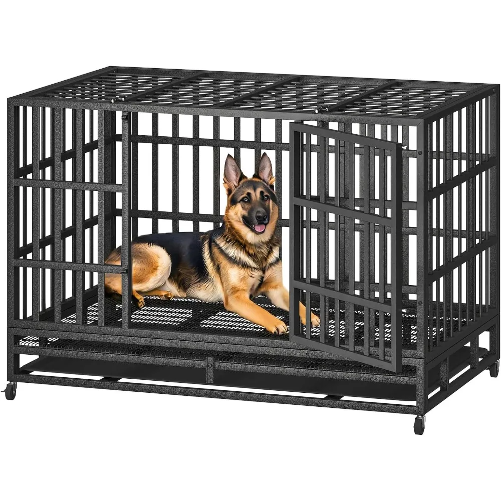 

48 Inch Heavy Duty Indestructible Dog Crate Steel Escape Proof, Indoor Double Door High Anxiety Cage, Kennel with Wheels, Remova