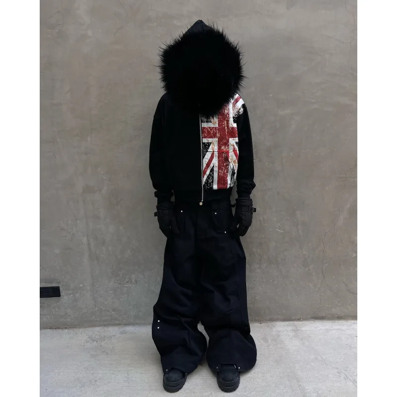 European American ins vintage zip hoodie fur collar print pullover long sleeve y2k street trendy casual sweat outerwear view 3
