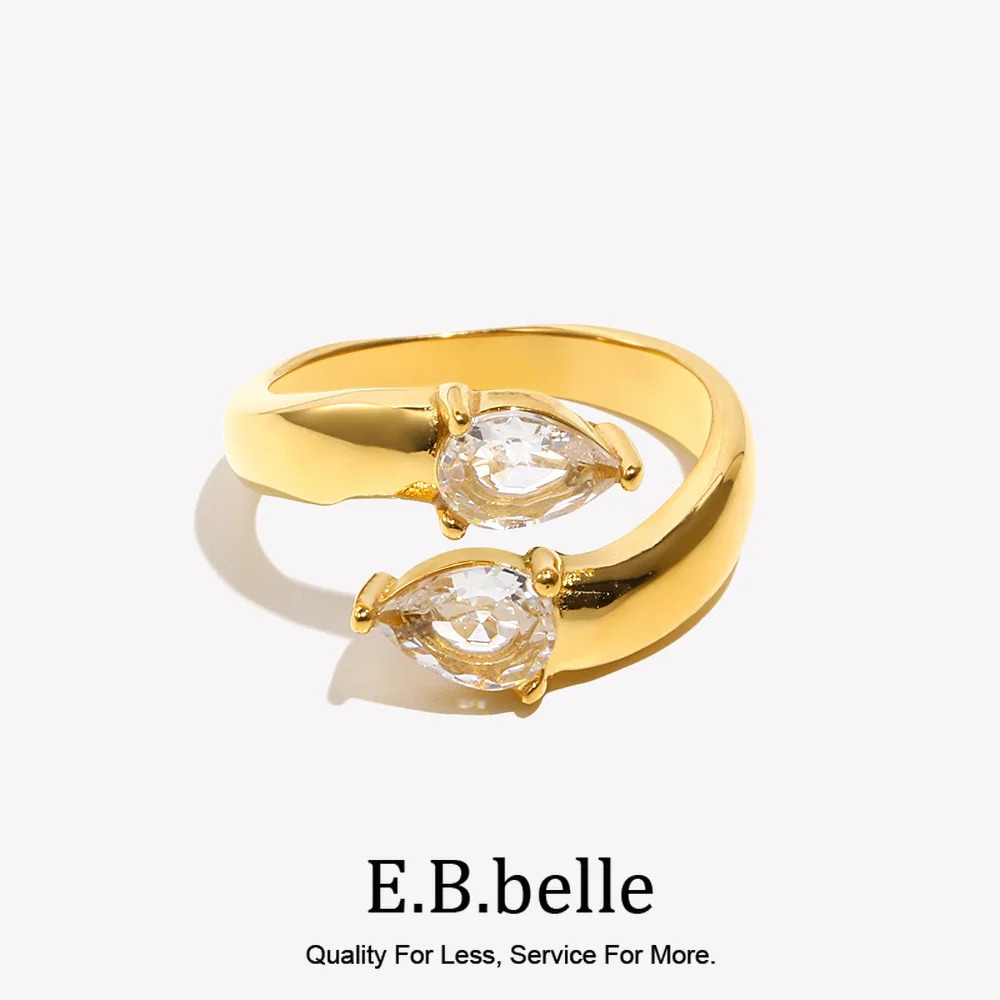 E.B.belle 18K Gold Plated Double-Headed Waterdrop Shiny Zircon Ring Minimalist 316L Stainless Steel Women Finger Jewelry