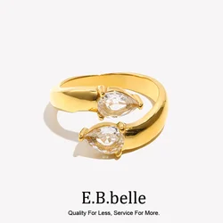 E.B.belle 18K Gold Plated Double-Headed Waterdrop Shiny Zircon Ring Minimalist 316L Stainless Steel Women Finger Jewelry
