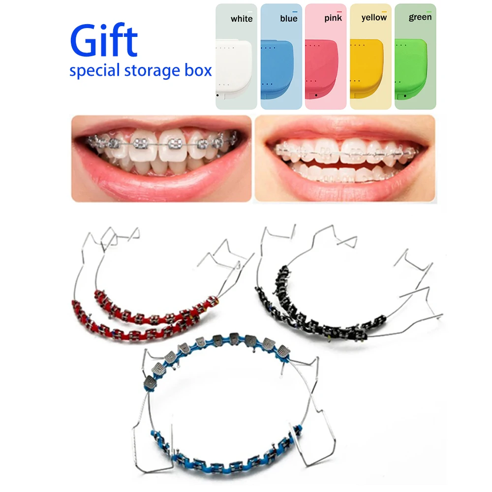 

20 pcs Dental Colorful Brackets Fake Braces Dental Correction Wire Temporary Tooth Decoration Give 10 Denture Boxes as Gifts