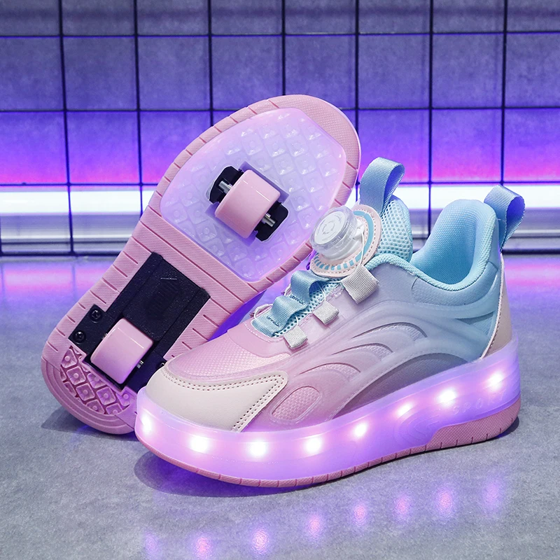 Boys Girls Glowing Sports Luminous Sneakers Skateboard USB Charging Two Wheels Children's Led Light Roller Skate Shoes For Kids