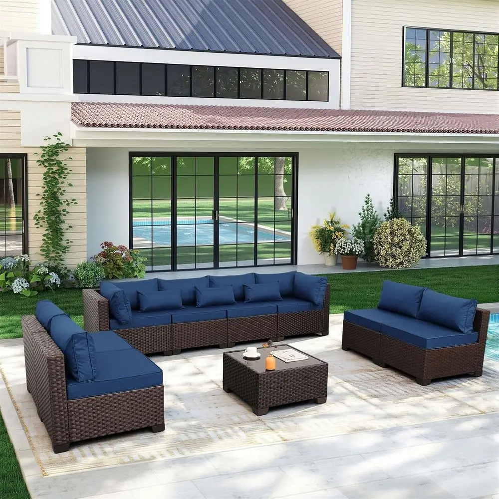 

9-Piece All-Weather Brown Wicker Outdoor Sectional Patio Furniture Set with Glass Table, Navy Cushions & Waterproof Covers