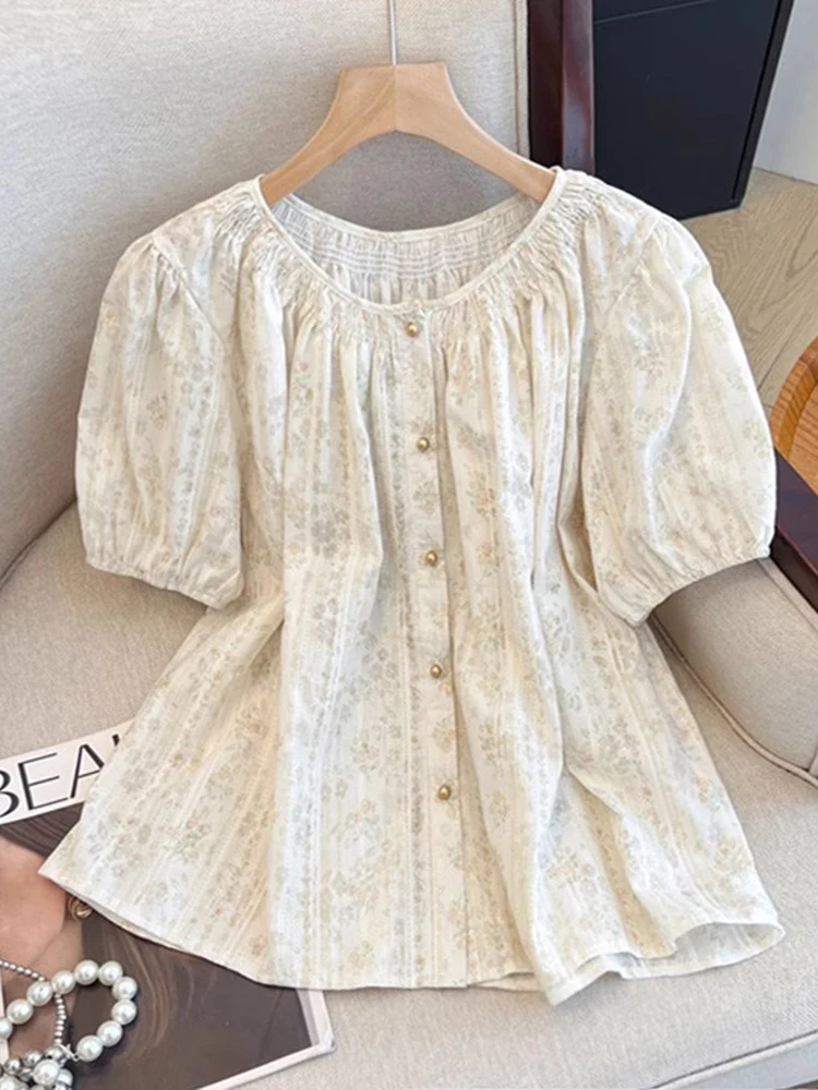

Retro Floral Bubble Sleeve Short Sleeve Shirt Women's Summer plus Size Doll Shirt Super Cute Top Korean Style Loose Fit Blouse