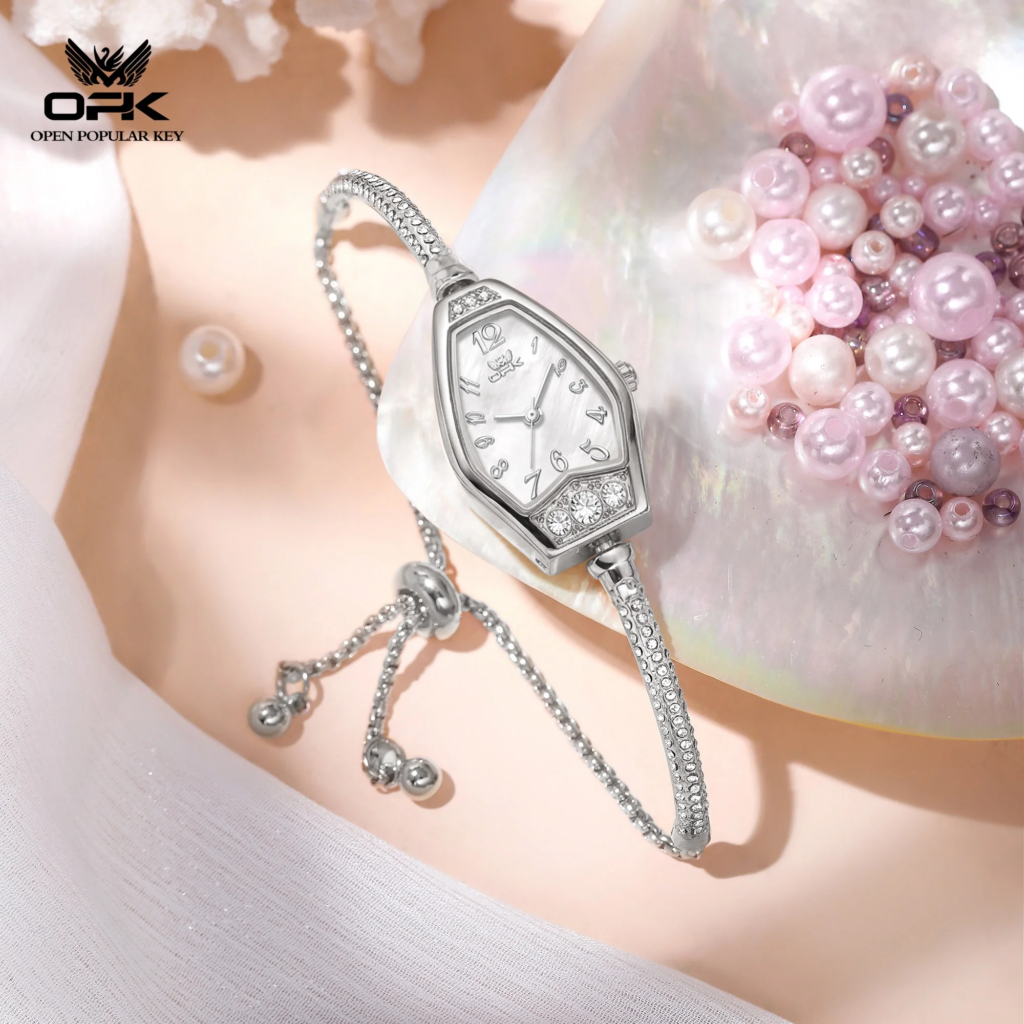 OPK 6096 Original Quartz Movement Watch For Women Elegance Mother-of-pearl Tonneau Dial 30M Waterproof Semi-bangle Watch