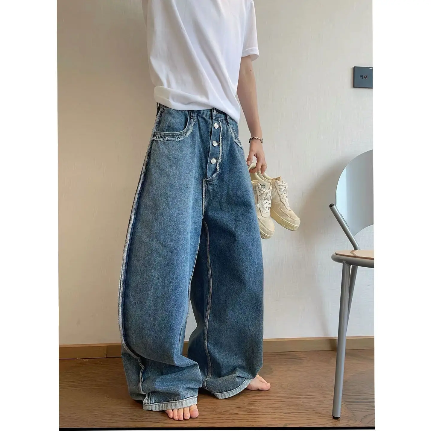 Men's Buckle Rough Edges Jeans Street Sweatpants 90s Y2k Cool Boys High Waist Pants Summer Bottoms Male Casual Wide Leg Trousers