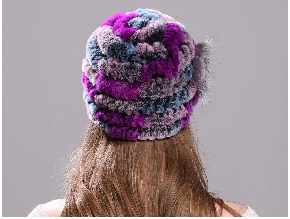 Winter Pelz Hüte für Frauen Rex Kaninchen Fell Elastische Gestrickte Hut mit Blume Pelz Hut Großhandel Baseball Kappe Weibliche Echtpelz Bonnets – Detail 7