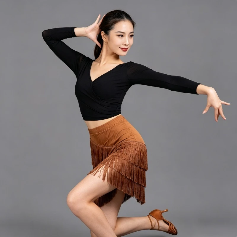 

Women Color Block Latin Fringe Skirt Short Flared Tiered Tassel Skirt for Salsa Rumba Tango Stage Performance Dance Wear