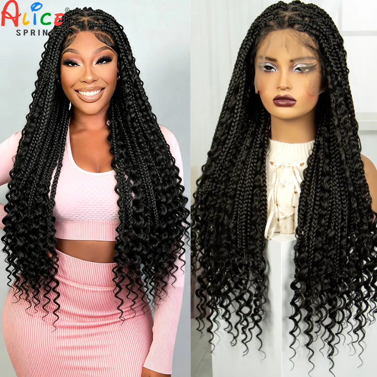 32inch Natural Boho Braided Wigs Synthetic Full Lace Braids Wig Knotless Box Braiding Hair Wigs with Baby Hair for Black Women