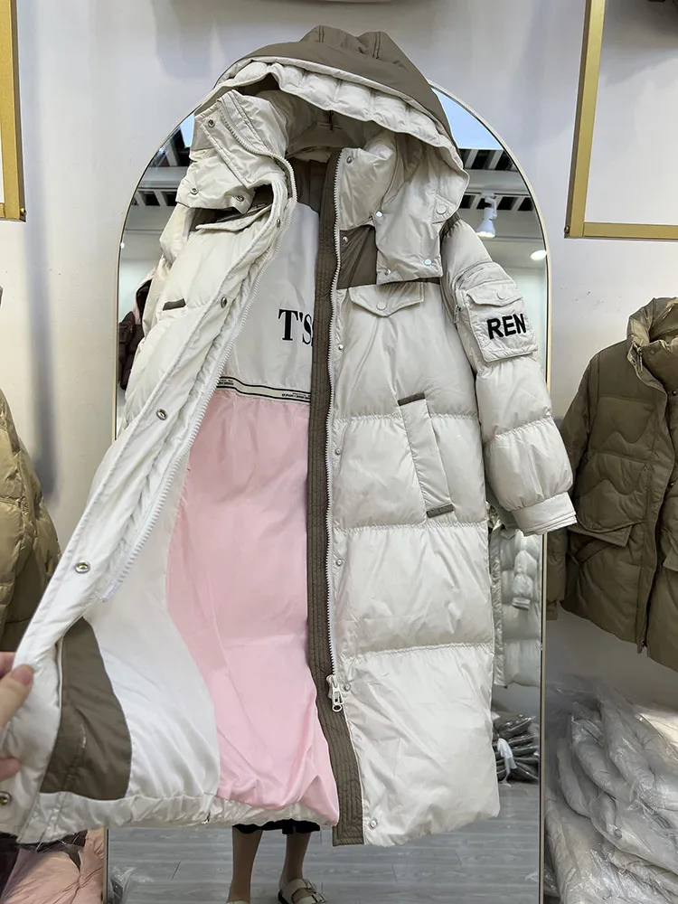 Winter new down jacket women's long hooded over the knee fashion multi pocket contrasting splicing white duck down jacket
