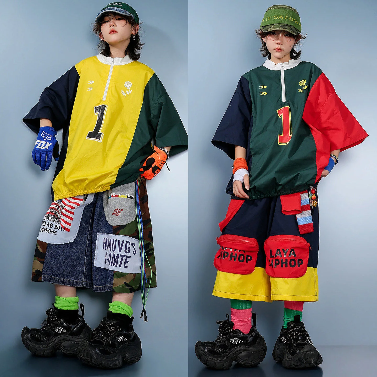 Children Boys Girls Streetwear Hip Hop Splice T-shirt Shorts Track Suits Kids T Shirts Jeans Shorts Sets Stage Clothes Costume