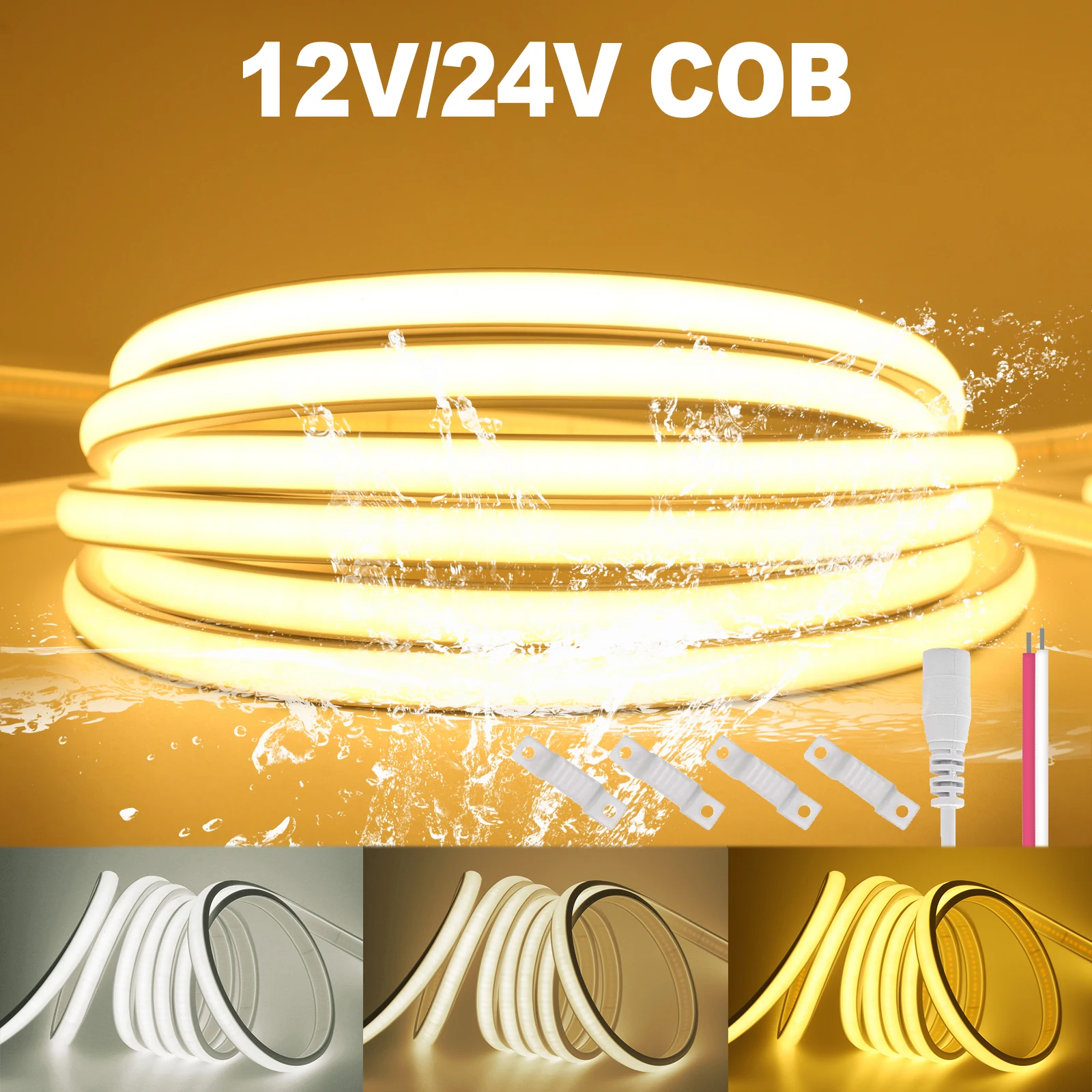 

12V 24V COB LED Strip 320LEDs/m Waterproof 0.5M 5M 10M 20M Warm Natural White Flexible Tape LED Neon Strip for Home Garden Decor