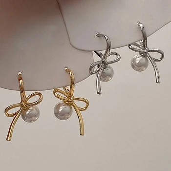 PONYKISS 925 Sterling Silver Needle Pearl Bowknot Hoop Earrings for Women Minimalist Fashion Jewelry Cute Accessories
