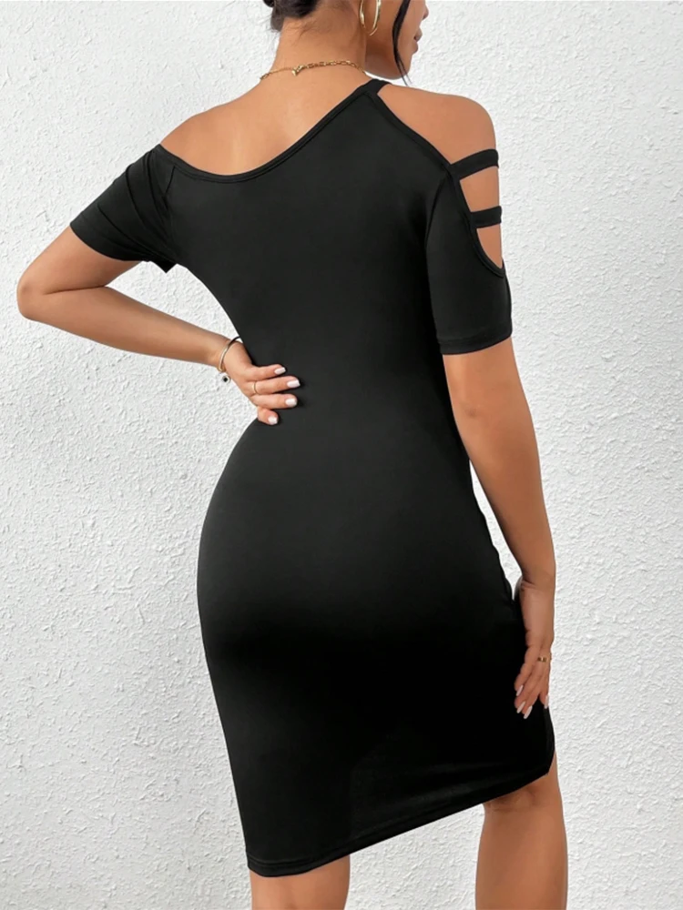Women's Off Shoulder Neck Mini Skirt Summer Dress Black Button Ruched Detail for Summer Dress Ladies