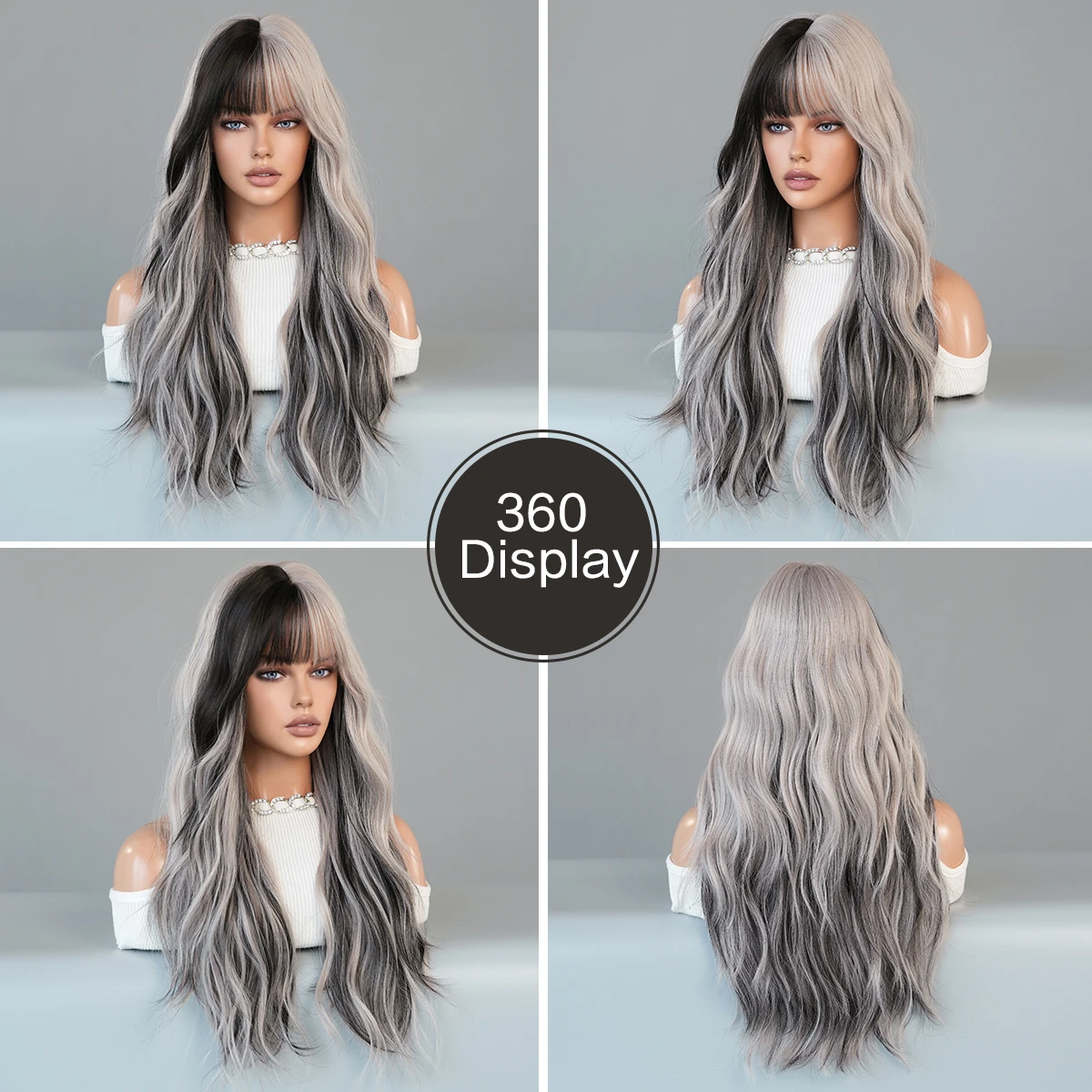 PARK YUN Long Body Wavy Silver Ash Hair Wig with Bangs for Women Daily Party High Density Hair Ombre Wigs Heat Resistant Fiber