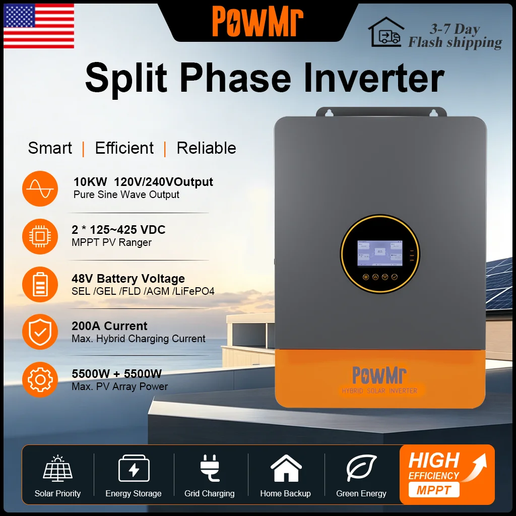 PowMr 10KW Split Phase Solar Inverter48V Built in 500V Dual MPPT Tracker UPS Max 200A Charging Current Up to 6 Units Parallel for Solar Home LiFePO4