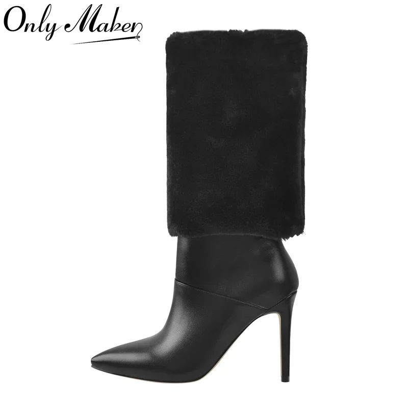 

Onlymaker Woman Winter Fashion Warm Short Flock Trouser Tube Boots Pointed Toe Matte PU Stiletto High Heel Boots