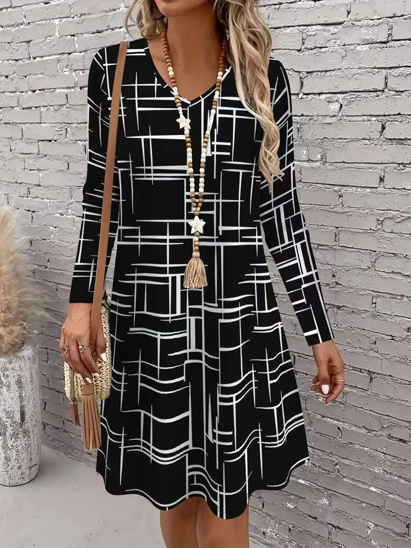 2026 New Autumn Women’s Long Sleeve Dress Casual V-Neck Mini Dresses Fashion Elegant Colorful Striped 3D Printed A-Line Dresses