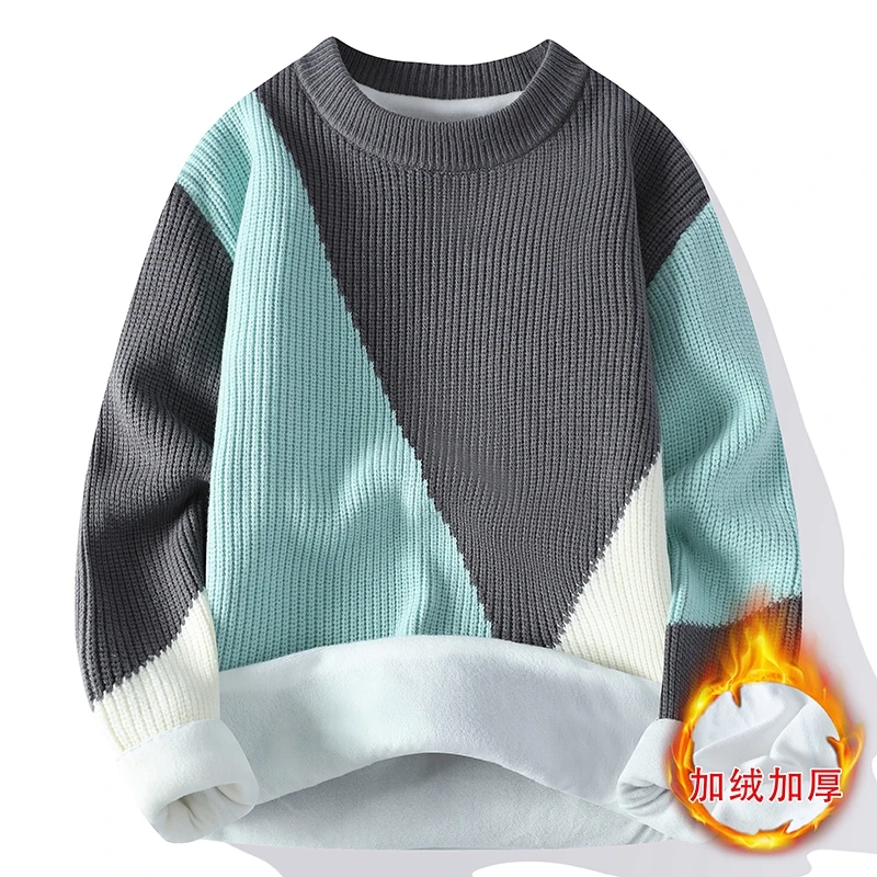 

Fashion Men's 2023 Autumn Winter New Round Neck Sweater Patchwork Long Sleeved Color Blocked Thick Loose Pullover Knitted Tops