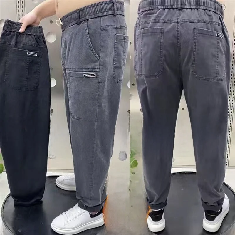 

Elastic Fce Lined Thi Straight Leg Jeans for Men High Waist Cotton Stretch Denim Casual Wear Multi ket Harlan Pants