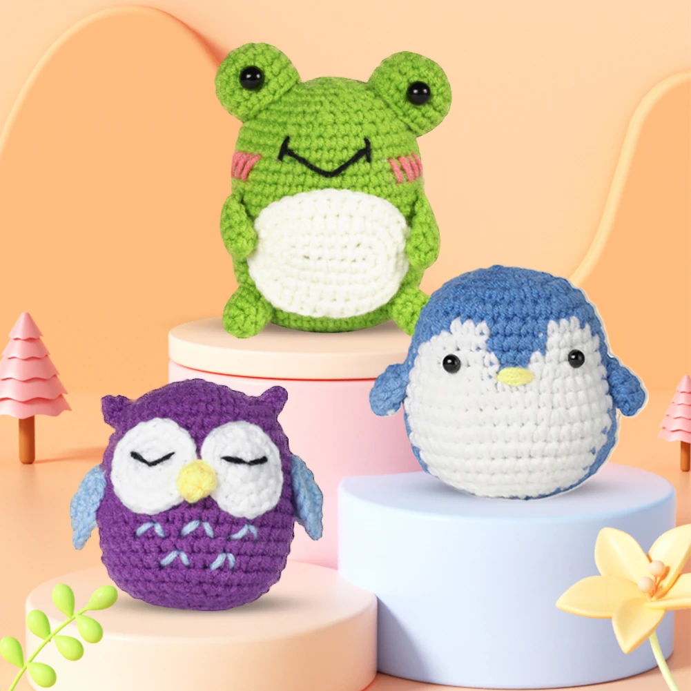 3Pcs Beginner Crochet Kit Frog/Owl/Penguin Cute Animal Crochet Set Cute with Detailed Tutorials for Beginners Adults Kids