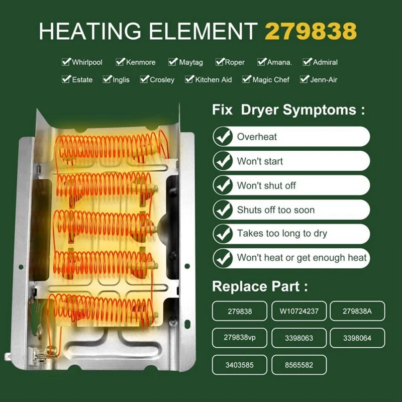 W10724237 3403585 279838 Dryer Heating - Exact For Kenmore 110 Dryer,Whirl.Pool Wed4815ew1 A.Mana Dryer