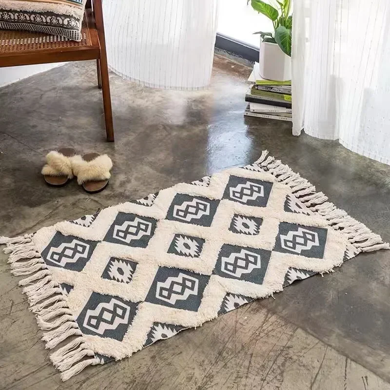 Cotton Tassel Home Weave Carpets 3d Tufted Carpet Rug Bedside Rug Geometric Floor Mat Carpet for Living Room Bedroom Home Decor