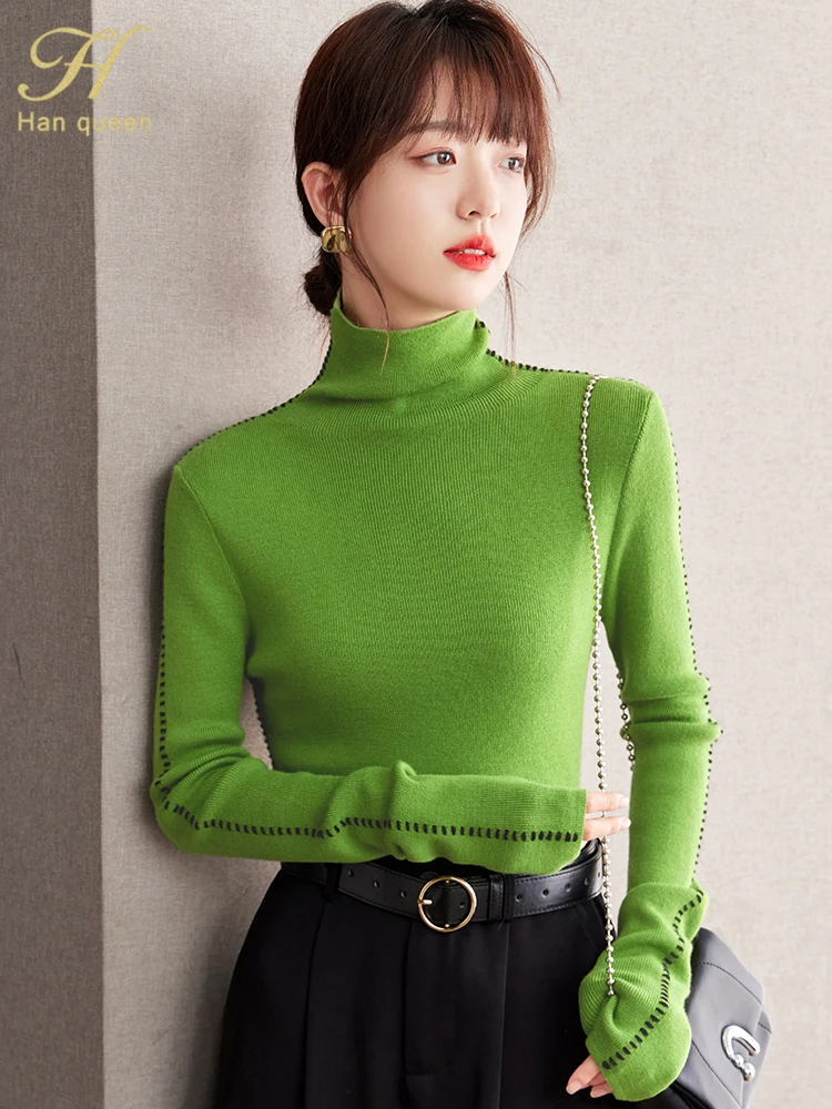 H Han Queen 2024 New Sweater Women Korean Crop Knit Pullover Vintage Female Clothing Knitwear Bottoming Casual Clothes For Wome