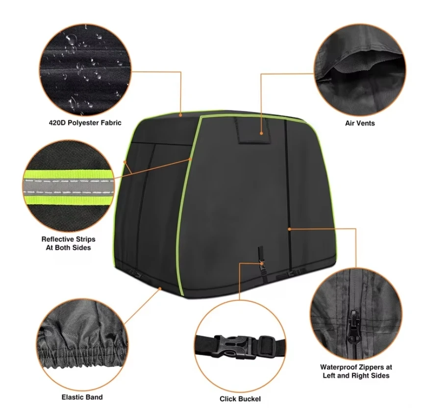 Heavy Duty Waterproof Dustproof Windproof Passenger Golf Cart Cover with Side Zipper Protective Cover for Golf Products