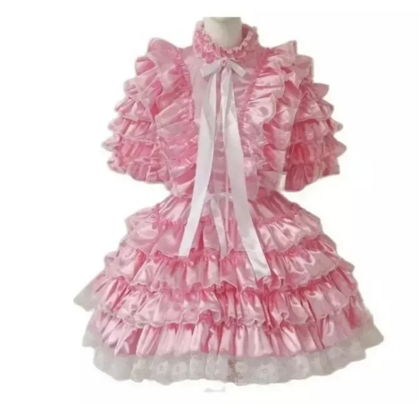 

Cosplay Sexy Sissy Girl Lockable Pink Satin Lace Dress Maid Adult Custom Festival Set Carnival Halloween Costume