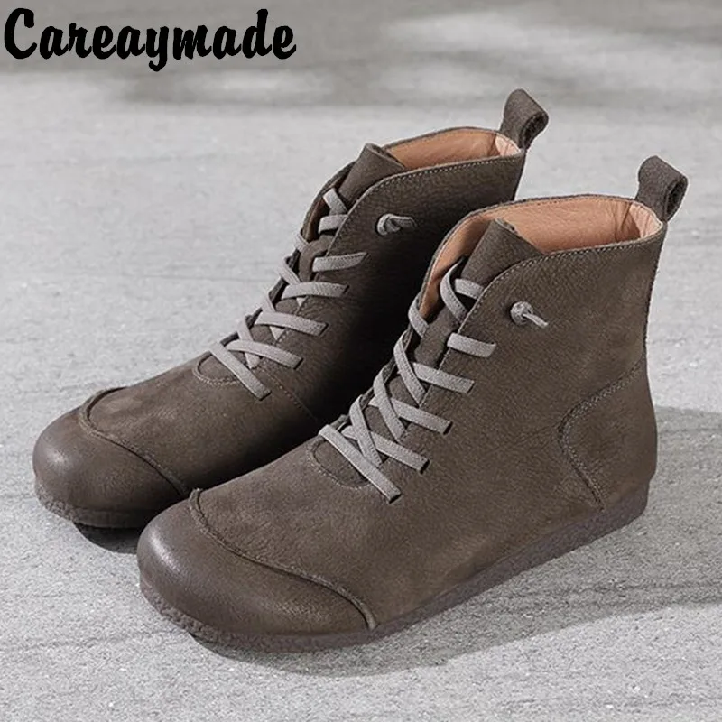 Careaymade-Genuine Leather new short boots women's Retro stitching national style women's shoes and plush cotton shoes