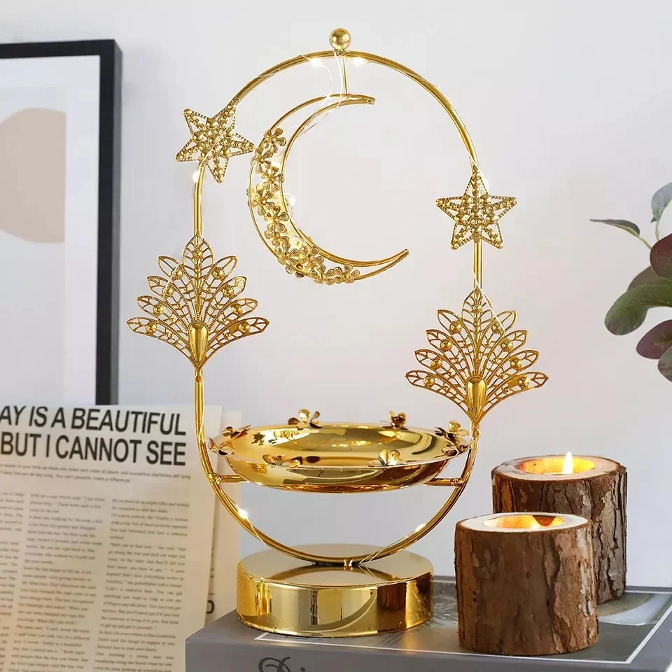 Portavelas de Metal dorado para decoración del hogar, bandeja con luces EID Mubarak, Festival islámico musulmán, estufa de aromaterapia para el Ramadán