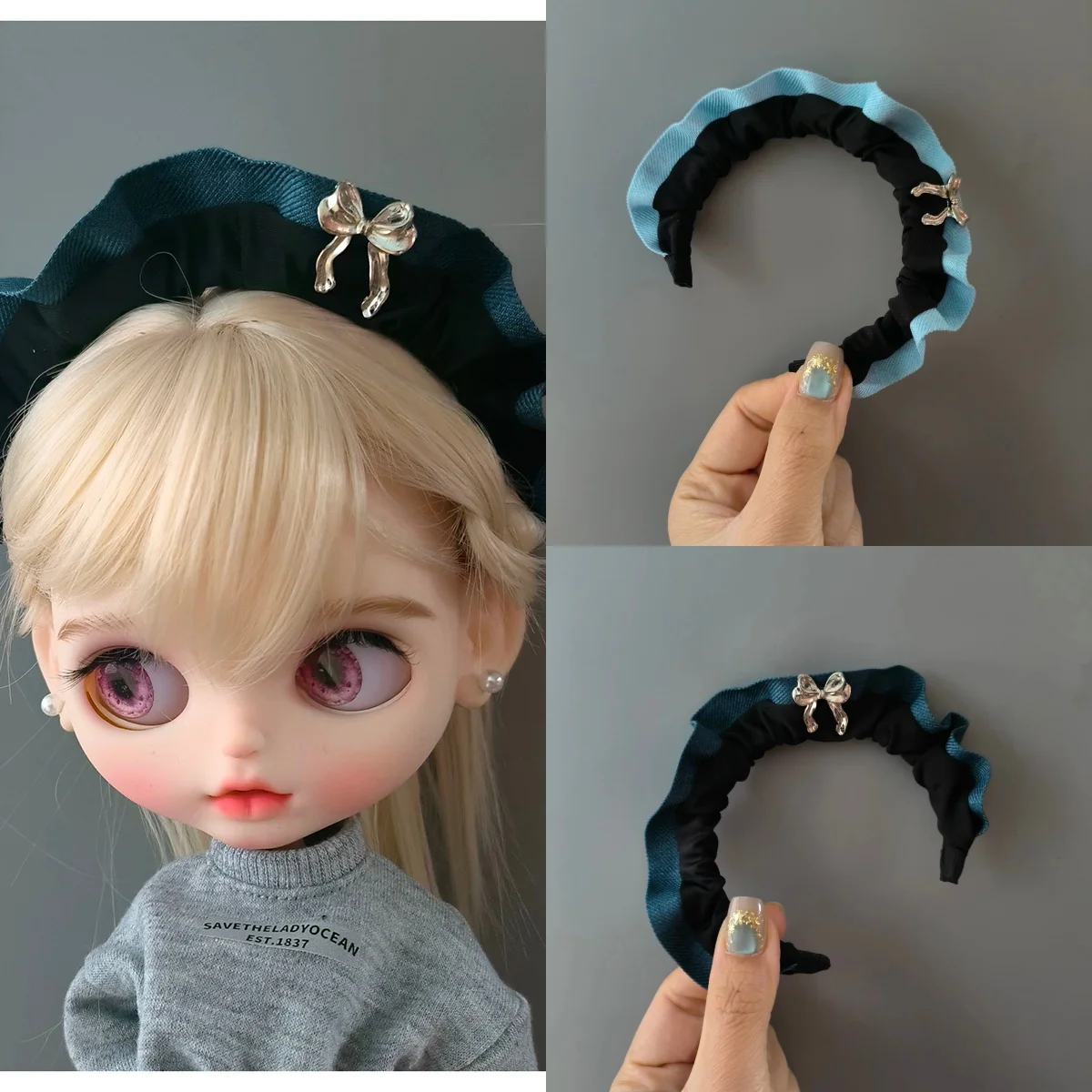 

ICY Blyth Doll Headwear Accessories Retro Fashion Denim Bow Hairband For 19 Joints OB24 Blyth DIY Dress Up Headdress