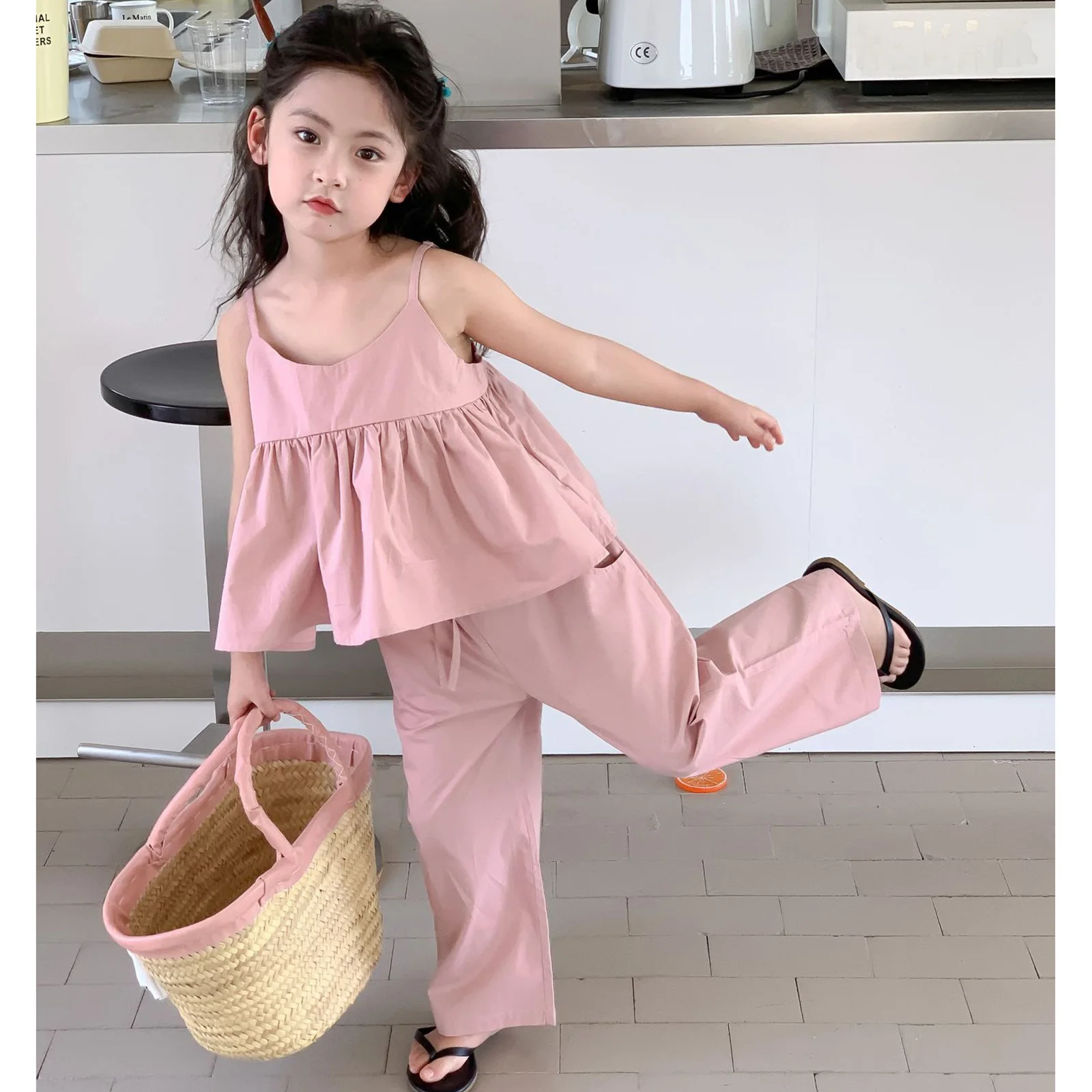 

Girls' Suit 2023 Summer New Fashion Cotton Round Neck Sling Top Seaside Style Wide Leg Pants Casual Suit Sweet