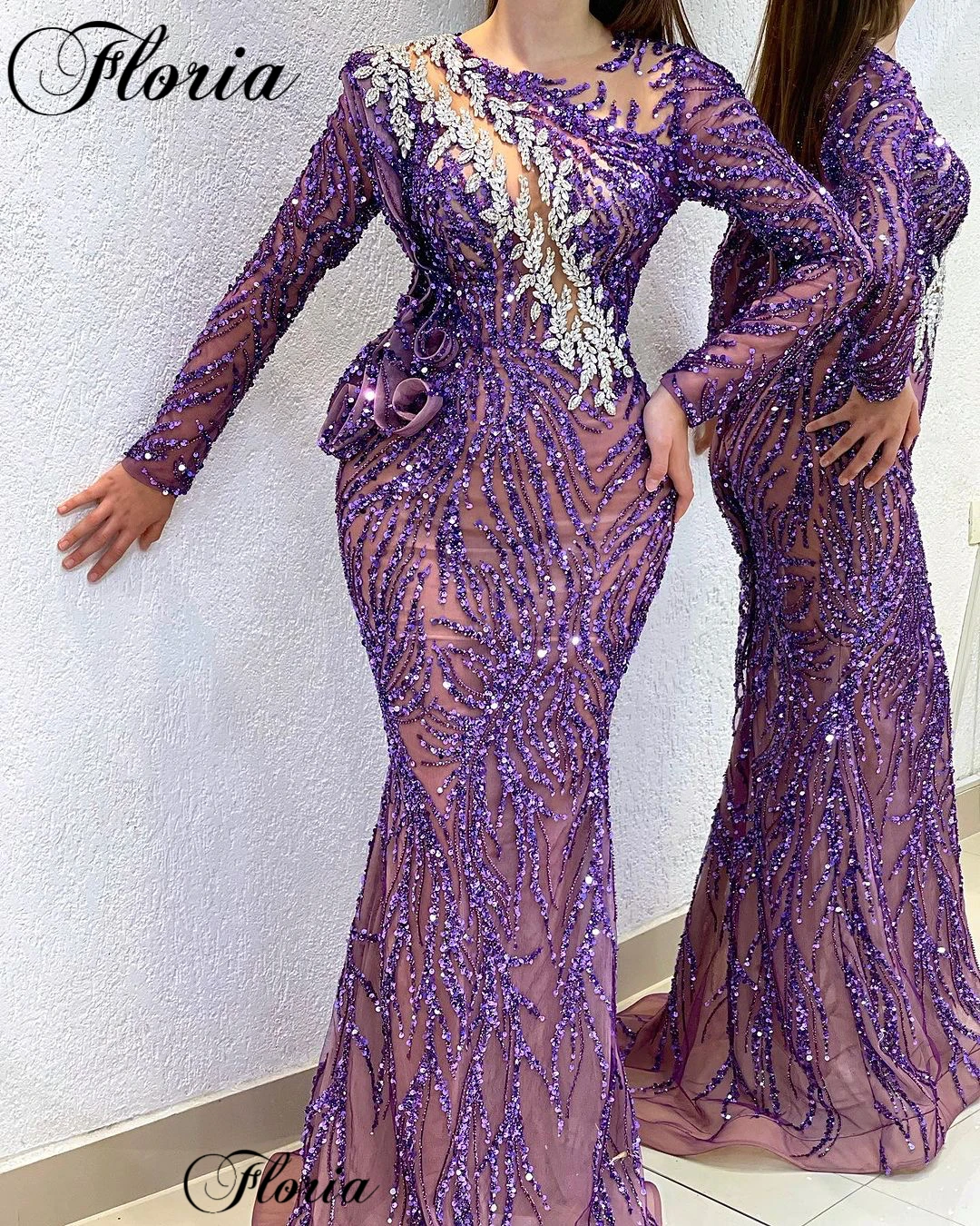 Formal Purple Beaded Evening Dresses With Crystals Long Sleeves Vintage Prom Dresses Mermaid Robes De Soirée Turkish Coutures