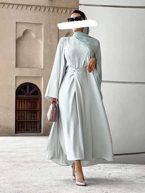 Yeni bahar musluman elbise Abaya setleri kad nlar 3 parca Nida boncuk A line Maxi Kimono Jubah Robe Abayas Vestidos islam giyim AliExpress