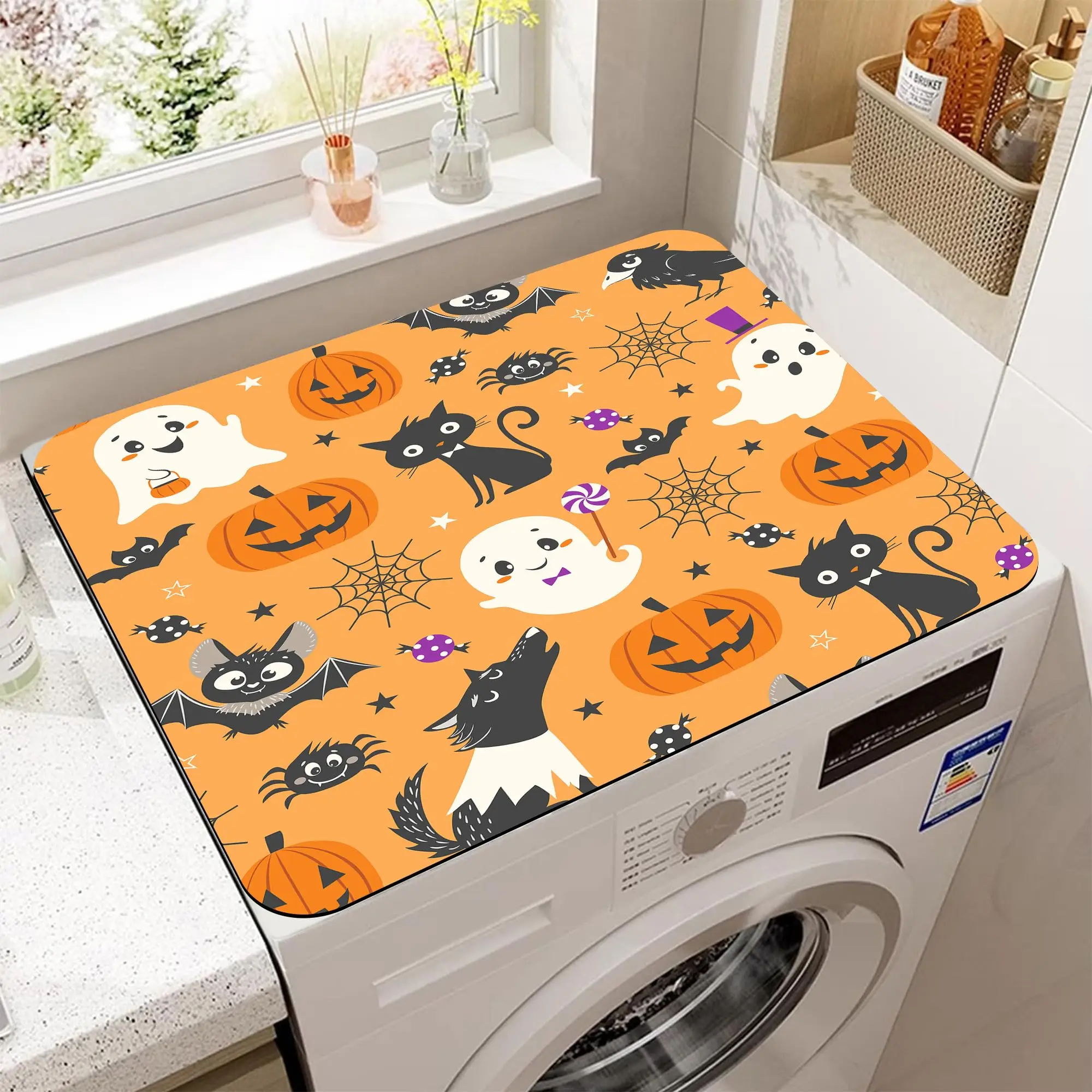 

VIKAMA Cute Halloween Pumpkin Ghost Bat Dryer Top Protector Mat Non-slip Washing Machine Dust Cover Pad Laundry Room Home Decor